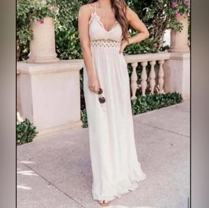 Cream Bohemian Maxi Lace Slip Dress by Pink Lily, Women's Size Small